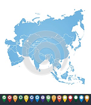 Outline blue map of Asia continent with borders