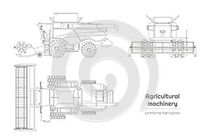 Outline blueprint of combine harvester. Side, front and top view of agriculture machinery. Industry isolated drawing