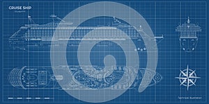 Outline blueprint of cruise ship. Side, top and front views. Contour liner. Detailed drawing of modern marine vessel.