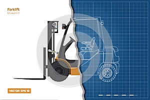 Outline blueprint of forklift. Top, side and front view. Hydraulic machinery 3d image. Industrial document with loader