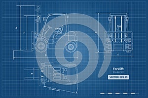 Outline blueprint of forklift. Top, side and front view. Hydraulic machinery image. Industrial document with loader