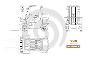 Outline blueprint of forklift. Top, side and front view. Hydraulic machinery image. Industrial isolated loader
