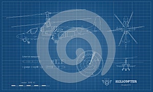 Outline blueprint of military helicopter. Side, top and front views of armed air vehicle. Industrial image with weapon