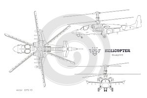 Outline blueprint of military helicopter. Top, side and front views of armed air vehicle. Industrial isolated image