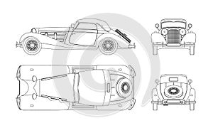 Outline blueprint of retro car. Vintage cabriolet. Front, side, top and back view. Industrial isolated drawing