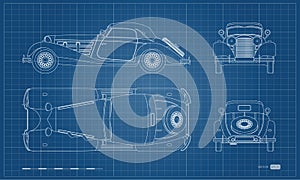 Outline blueprint of retro car. Vintage cabriolet. Front, side, top and back view. Industrial isolated drawing