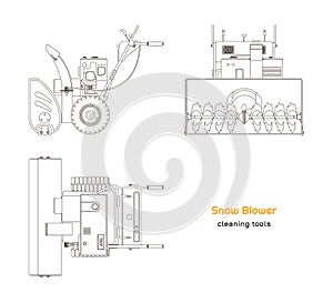 Outline blueprint of snow blower. Top, side and front view. Winter hand tool. Isolated contour plow machine