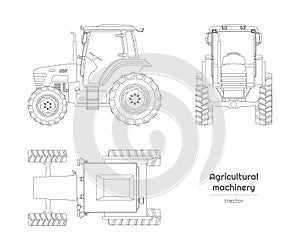 Outline blueprint of tractor. Side, front, top view of agriculture machinery. Farming vehicle. Industry isolated drawing