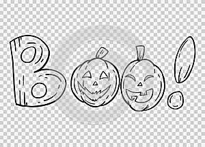 Outline Boo font with smile pumpkin wood texture isolated on png or transparent texture,Halloween party background ,element
