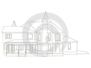 Outline of the building of black lines on a white background. Outline of the building is isolated on a white background