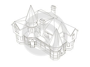 Outline of the building of black lines on a white background. Outline of the building is isolated on a white background