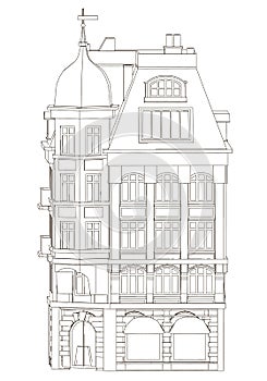 Outline of the building of black lines on a white background. Outline of the building is isolated on a white background