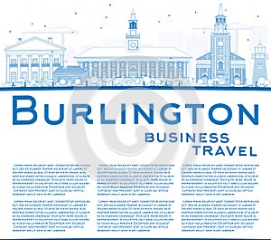 Outline Burlington (Vermont) Skyline with Blue Buildings and Cop