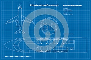 Outline business jet interior concept. Private aircraft map. Top view of regional plane. Plane seats scheme. Drawing