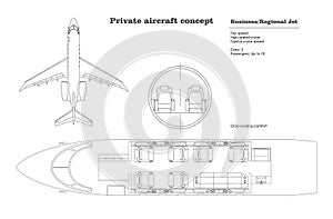 Outline business jet interior. Private aircraft map. Top view of regional plane. Plane seats scheme. Drawing