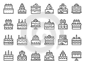 Outline cake icons. Sweet cupcake, homemade dessert with candles and bakery delicious cakes line art vector icon set