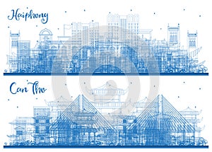 Outline Can Tho and Haiphong Vietnam City Skylines Set with Blue Buildings