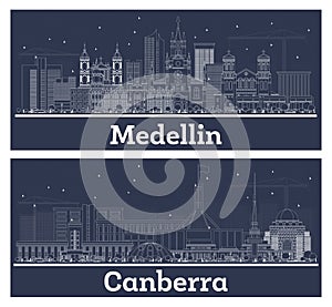 Outline Canberra Australia and Medellin Colombia City Skyline Set