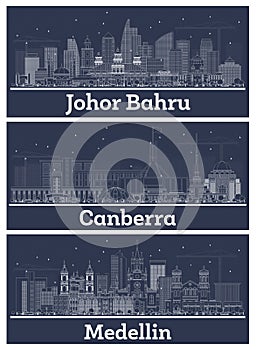 Outline Canberra Australia, Medellin Colombia and Johor Bahru Malaysia City Skyline Set