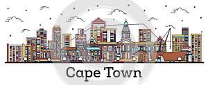 Outline Cape Town South Africa City Skyline with Color Buildings Isolated on White