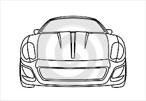 Outline Car Coloring Book for kids and adults. Fast Racing Car, Front view. Modern flat Vector illustration