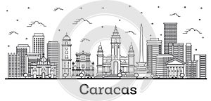 Outline Caracas Venezuela City Skyline with Modern and Historic Buildings Isolated on White