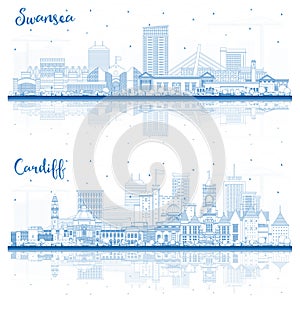 Outline Cardiff and Swansea Wales City Skyline set with Blue Buildings and reflections. Cityscape with Landmarks