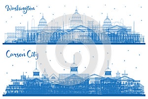Outline Carson City Nevada and Washington DC USA City Skyline set with Blue Buildings. Business Travel and Tourism Concept with