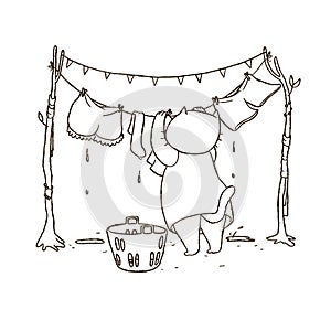 Outline cartoon cat hanging up laundry. Vector hand drawn illustration of an animal doing housework with clothes and laundry