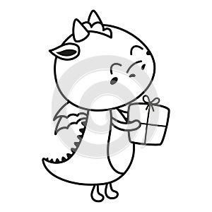 outline cartoon dragon with gift