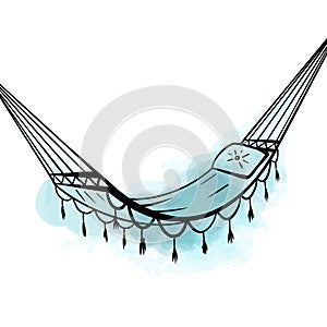 Outline cartoon hammock with boho decorations and pillows on blue watercolor stain. Rest and relax. Vector contour object