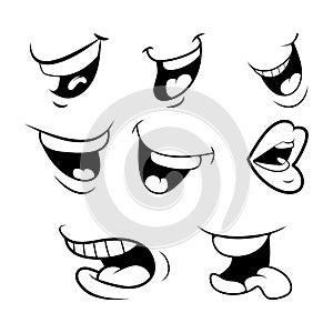 Outline Cartoon Mouth Set . Tongue, Smile, Teeth. Expressive Emo