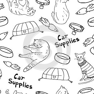 Outline cat supplies set. Hand drawn colorful vector illustration. Pet lounger, bowl, toy, collar, sweater and kittens in