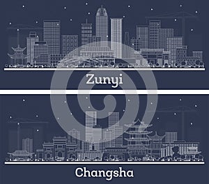 Outline Changsha and Zunyi China city skyline set with white buildings. Illustration. Business travel and tourism concept with