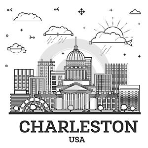 Outline Charleston West Virginia USA City Skyline with Modern Buildings Isolated on White. Illustration. Charleston Cityscape with