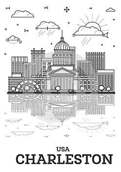 Outline Charleston West Virginia USA City Skyline with Modern Buildings and reflections Isolated on White. Illustration.
