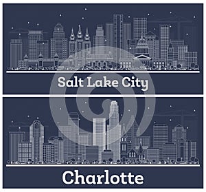Outline Charlotte North Carolina and Salt Lake City Utah City Skylines with White Buildings