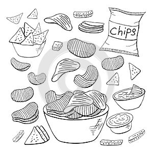 Outline chips collection on white background. Vector different chips