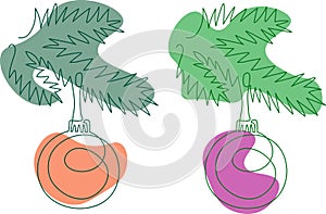 Outline Christmas tree branch with ball decoration and shapes