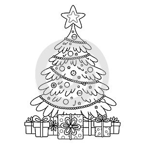 Outline Christmas tree with gifts for coloring