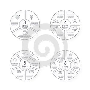 Outline circle infographic template for round diagram, graph, web design and chart. Business concept with 3, 4, 5, 6 steps