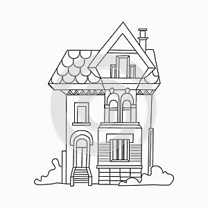 Outline citycsape House for coloring book Big cottage, country house and tree house Illustration on white background