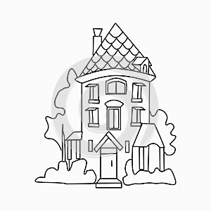 Outline citycsape House for coloring book Cottage with a tiled roof Illustration on white background