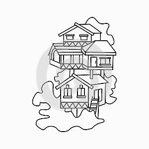 Outline citycsape House for coloring book Tree house Illustration on white background