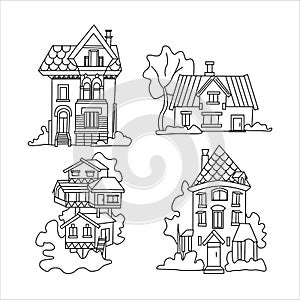 Outline citycsape Set of vector houses for coloring book Big cottage, country house and tree house