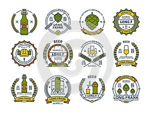 Outline colorful beer emblems, symbols, icons, pub labels, badges collection.