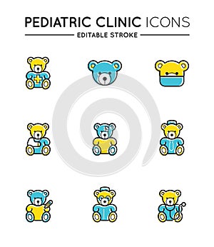Outline colorful icons set. Pediatric hospital clinic and medical care.