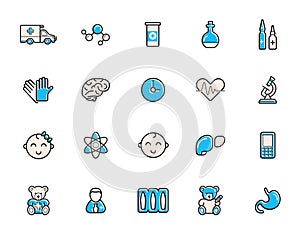 Outline colorful icons set. Pediatric hospital clinic and medical care. Editable stroke. Vector