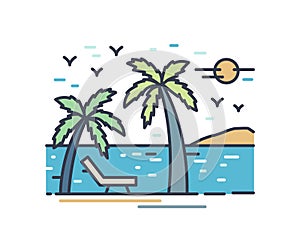 Outline colorful vacation scenery. Line art beach landscape with deckchair and palm trees. Picturesque seascape with