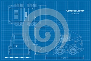 Outline compact loader. Contour side, front amd top view. Drawing of mini bulldozer. Industrial blueprint of loading